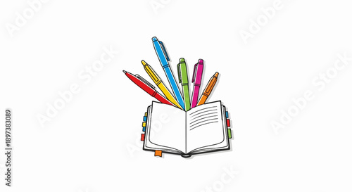 Illustration of an open notebook with colorful pens radiating from it, symbolizing education and creativity