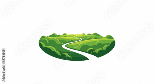 Winding path through vibrant green rolling hills and lush fields under a bright sky, minimalist style