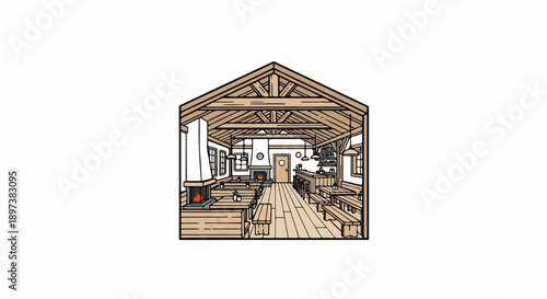 Cozy rustic lodge interior featuring exposed wooden beams, multiple fireplaces, a bar, and communal seating