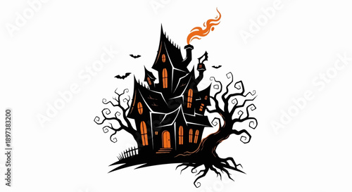 Cartoon haunted house with glowing windows, smoke, twisted trees, and bats against a white background