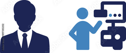 Man in suit and person interacting with computer