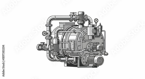 Intricate black and white illustration of complex industrial machinery with pipes, valves, and motors