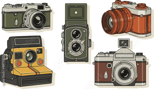 Five retro, diverse film cameras in various styles and muted colors, depicted as pixel art on white