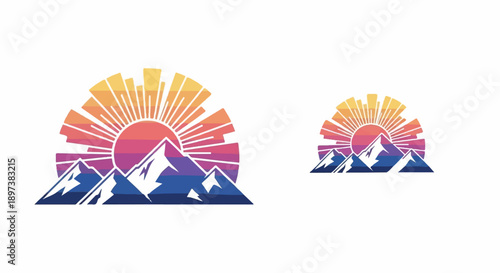 Stylized mountain landscape with a vibrant gradient sun rising/setting over peaks, retro graphic design