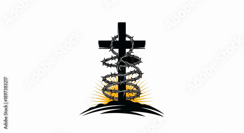 Dark cross wrapped in sharp barbed wire, emerging from a silhouette landscape with a radiating golden sun