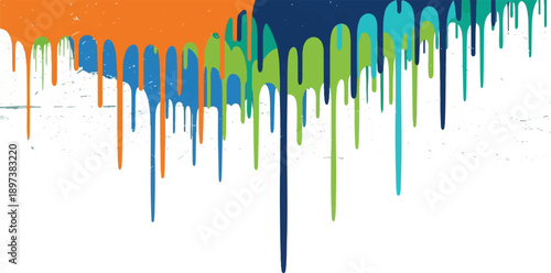 Vibrant paint drips on a textured white background, forming a dynamic, colorful abstract pattern