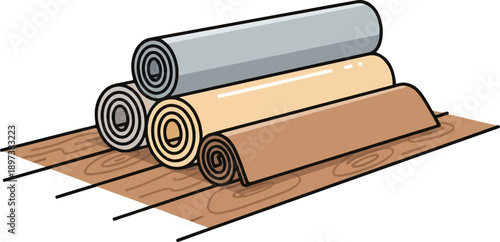 Illustration of various rolled carpets or rugs in neutral colors stacked on wooden floorboards