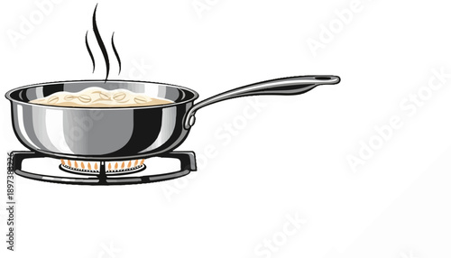 An illustration of a silver pot with steaming food cooking on a gas stove burner