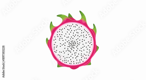 Vibrant top-down view of a halved dragon fruit, revealing its pink skin, green scales, white flesh, and black seeds