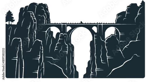 Stylized silhouette of an ancient stone arch bridge spanning a dramatic canyon between towering rock formations