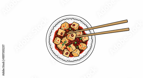 Illustration of a bowl of white rice topped with spicy tofu, green onions, and chili, with chopsticks