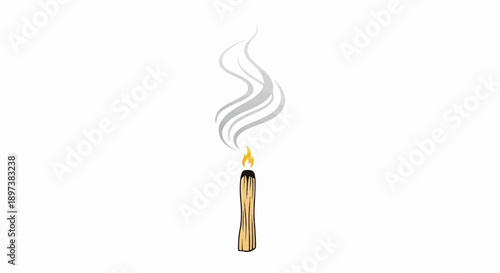 Illustration of a burning wooden stick, emitting a small flame and delicate grey smoke against a white background