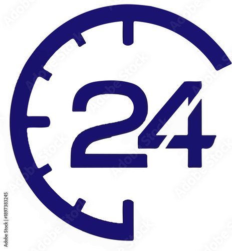 Blue '24' numeral icon encased in a partial clock dial, representing round-the-clock availability or service
