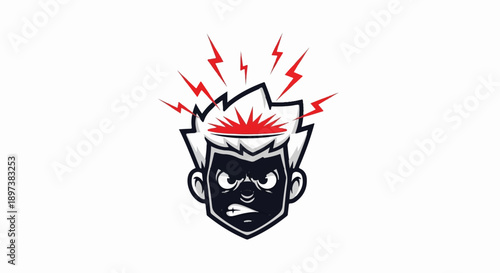 Cartoon angry head with a furious expression and red lightning bolts exploding from its open mind