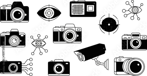 Black and white icons depicting various camera types, surveillance devices, and stylized eyes with targets or networks