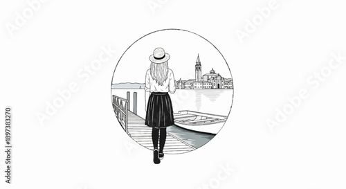 Line art of a person on a pier, gazing at a distant city skyline across water with a boat nearby