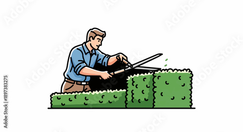 An illustration of a man in a blue shirt and brown pants, actively trimming a green hedge with large shears