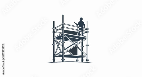 Black and white illustration of a worker in a hard hat standing on top of a construction scaffold