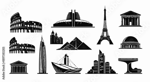 Black and white vector silhouettes featuring various iconic global architectural landmarks and modern city buildings