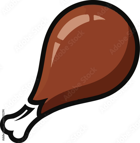 Stylized brown cooked poultry drumstick with white bone, simple cartoon illustration, food item