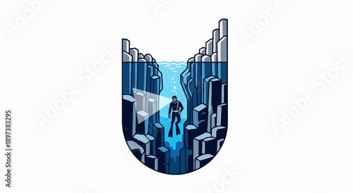 Illustration of a scuba diver with a flashlight exploring a deep blue underwater canyon with towering rock formations