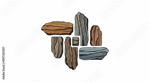 Stylized illustration of various rock or wood pieces in different shapes and earthy tones, clustered on white