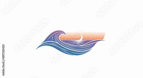 Stylized gradient waves with moon over the ocean horizon, evoking calm evening or dawn