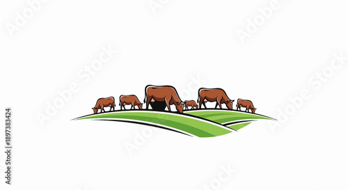 Stylized illustration of a herd of brown cows and calves grazing on green rolling hills