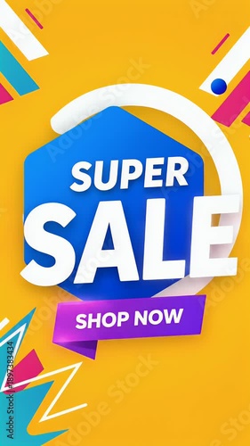 Captivating vertical banner showcasing an exclusive super sale, encouraging immediate shopping with a compelling call to action and modern geometric design elements