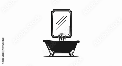 Black and white illustration featuring a clawfoot bathtub and an ornate mirror with a faucet on a white background