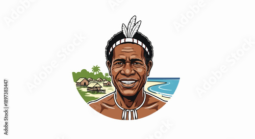 Illustration of a smiling indigenous man wearing a feathered headband, with a tropical village and beach