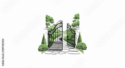 Open ornate iron gate between stone pillars, leading to a winding garden path with lush greenery