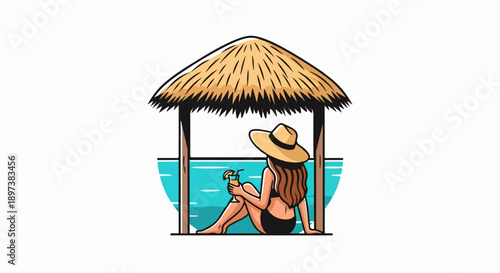 Cartoon illustration of a woman in a hat and swimsuit relaxing under a straw hut by blue water with a drink
