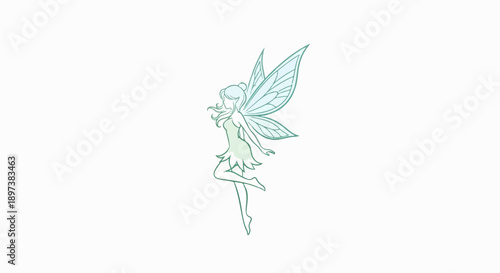 An ethereal fairy illustration with delicate wings and flowing hair, rendered in soft green and teal hues