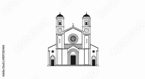 Front view of an elegant black and white line art illustration of a historic church with twin bell towers