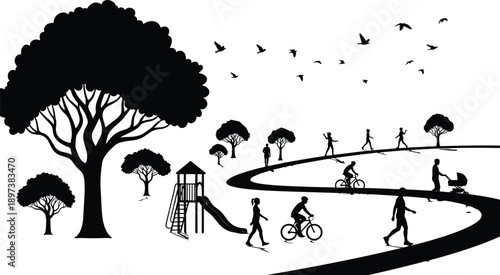 park, silhouette, people, trees, playground, path, stroller, bike, walk, nature, outdoor, recreation, community, black, white, birds, peaceful, social, activity, public