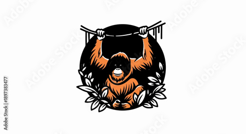 Stylized orange orangutan hanging from vines in a dark circle with leaves, against a white background
