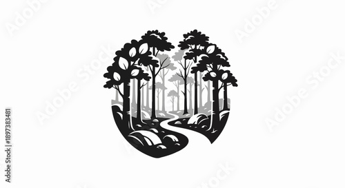 Stylized forest scene with a winding path and rocks, rendered in black, white, and grey tones