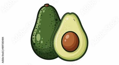 Cartoon illustration of whole and halved green fruit with pit on a plain white background
