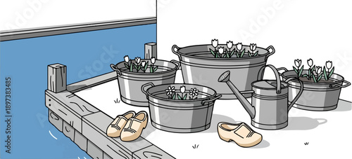 An illustration of potted white flowers, a watering can, and wooden clogs on a dock by blue water