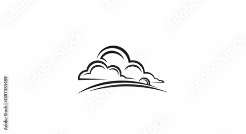 Stylized black line art depicting clouds over a curved horizon, possibly with a rising or setting sun