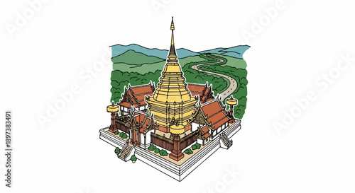 Illustration of a golden pagoda complex atop a mountain with red-roofed buildings and a winding road