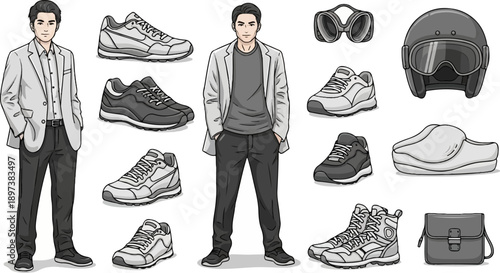 Pixel art of two men with various shoes, a helmet, goggles, and a bag in monochromatic tones