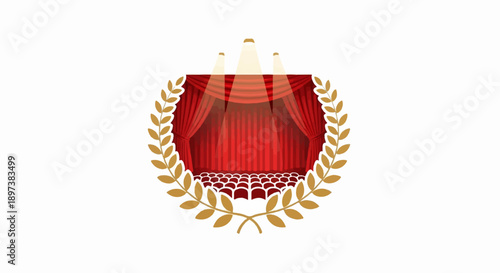 Theatrical stage with red curtains, spotlights, audience seats, framed by a golden laurel wreath