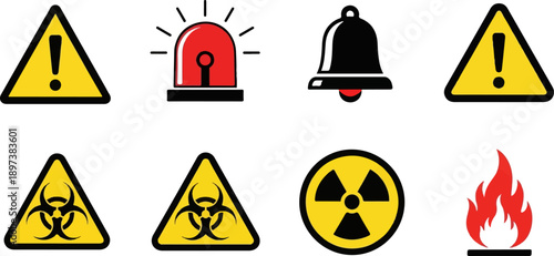 Collection of eight essential warning and alert icons hazard, siren, bell, biohazard, radiation, and fire symbols
