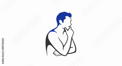 Stylized illustration of a shirtless man with blue hair, thinking deeply, hand on chin, side profile
