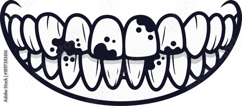 Illustration of a smile with multiple teeth showing signs of dark decay and cavities