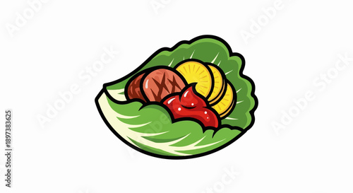 Stylized illustration of a vibrant green lettuce wrap filled with sausage, pineapple slices, and red sauce
