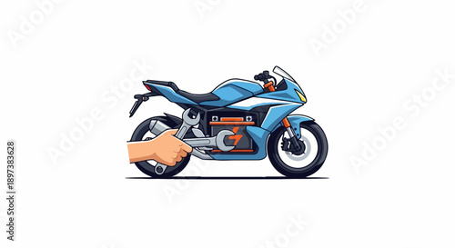 Pixel art illustration of a hand fixing a light blue electric sports motorcycle with a wrench