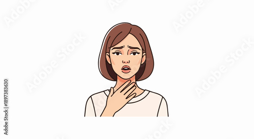 Illustration of a woman with a sore throat, touching her neck, showing discomfort and pain